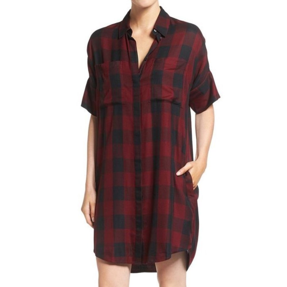 Madewell Courier Plaid Voile Shirt Dress Burgundy